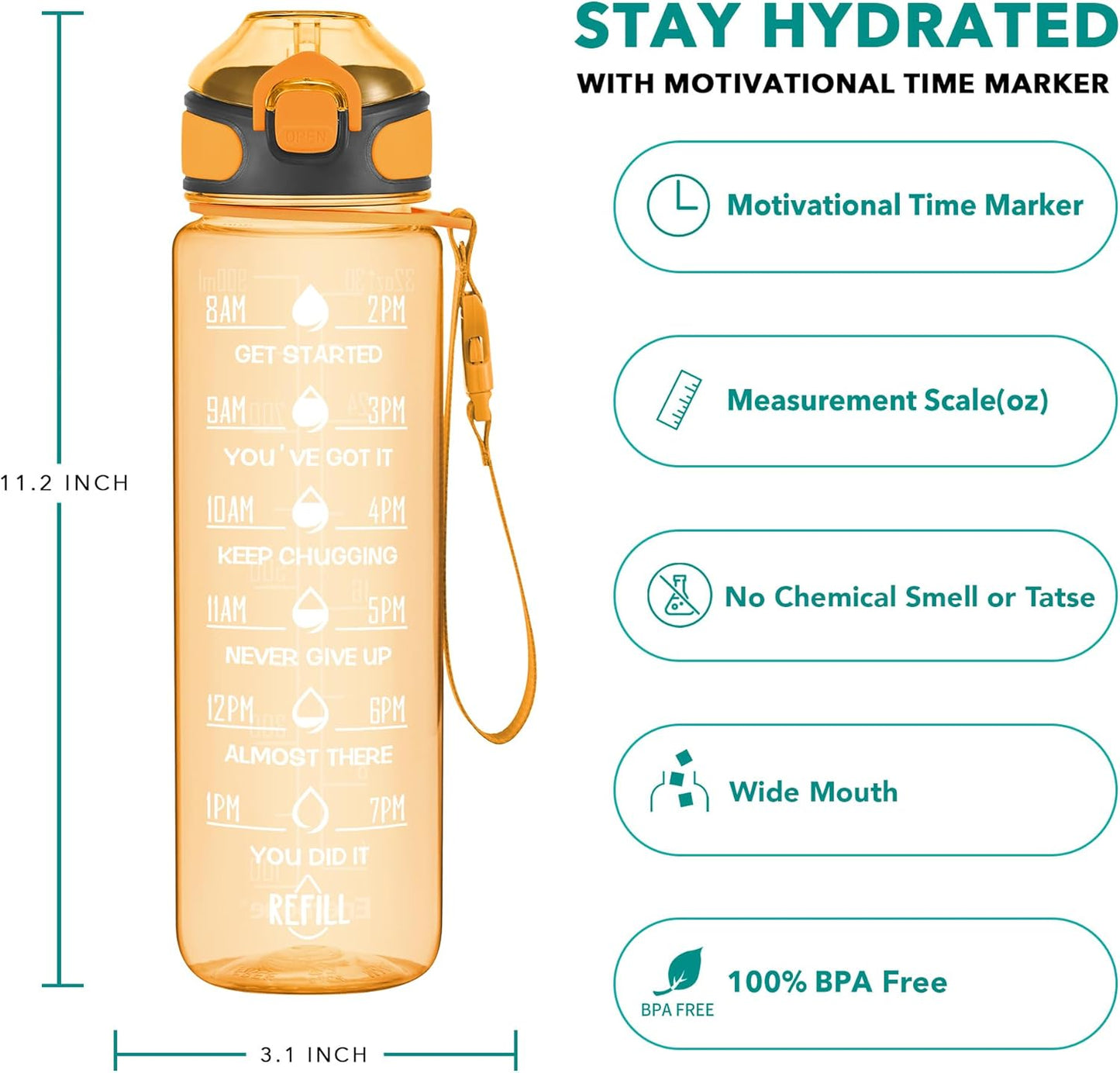 Enerbone 32 oz Drinking Water Bottle with Times to Drink and Straw, Motivational with Carrying Strap, Leakproof BPA & Toxic Free, Ensure You Drink Enough Water for Fitness Gym Outdoor