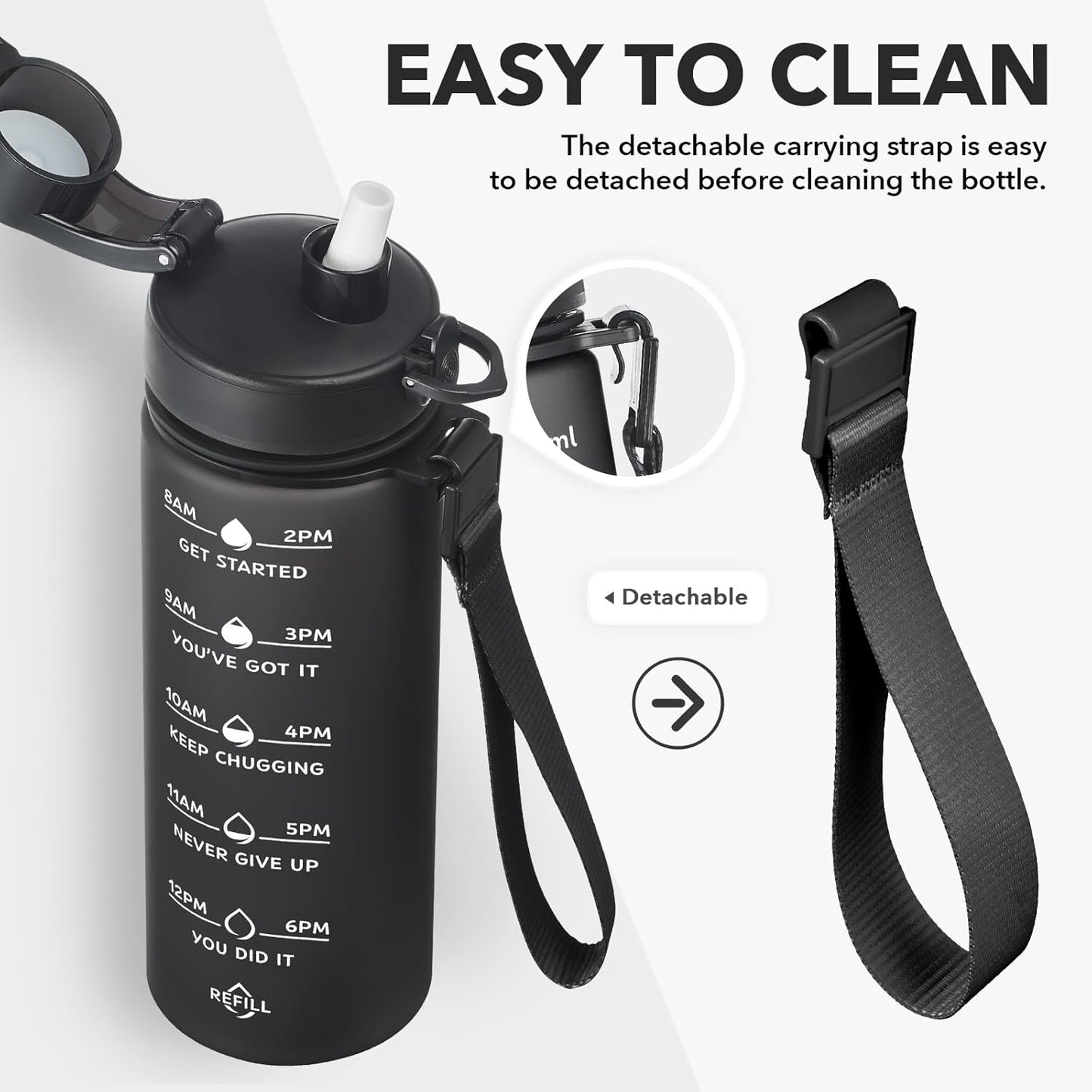 Enerbone Water Bottle, Leakproof BPA & Toxic Free, Motivational Water Bottle with Times to Drink and Straw, Fitness Sports Water Bottle with Strap for Office, Gym, Outdoor Sports