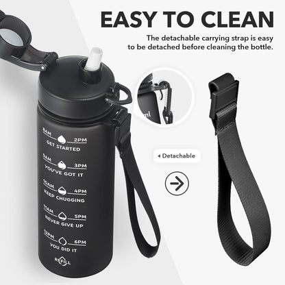 Enerbone Water Bottle, Leakproof BPA & Toxic Free, Motivational Water Bottle with Times to Drink and Straw, Fitness Sports Water Bottle with Strap for Office, Gym, Outdoor Sports