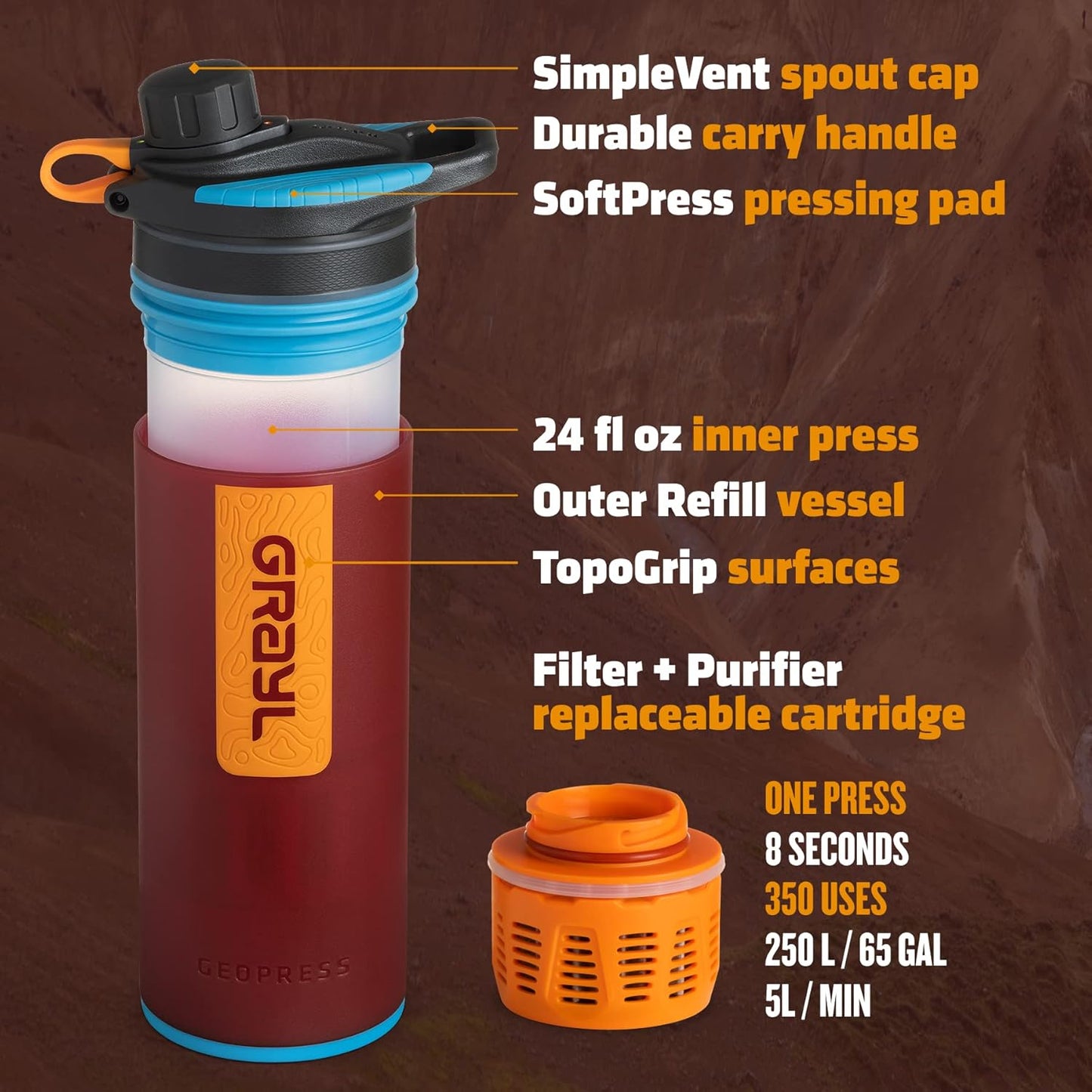 GRAYL GeoPress 24 oz Water Purifier Bottle - Filter for Hiking, Camping, Survival, Travel (Bali Blue)