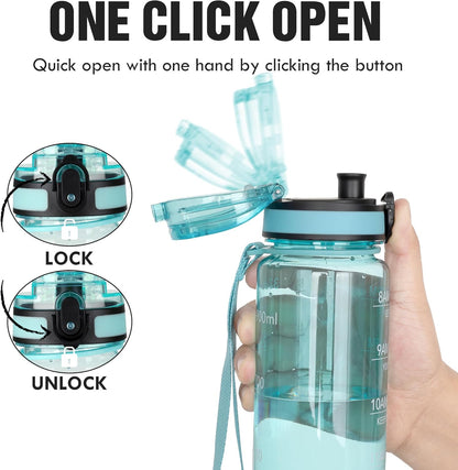 OLDLEY Water Bottle, 32oz Motivational Sports Water Bottle with Time Marker - Times to Drink - Tritan, BPA Free, Wide Mouth Leakproof, Clear (1 Bottle)