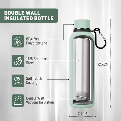 Exllena Slim Insulated Water Bottles for Travel 18oz with Clip, Double Wall Vacuum Stainless Steel Water Bottle Keeps Drinks Cold 24 Hrs/Hot 12 Hrs, 100% Leakproof, BPA Free(Black)
