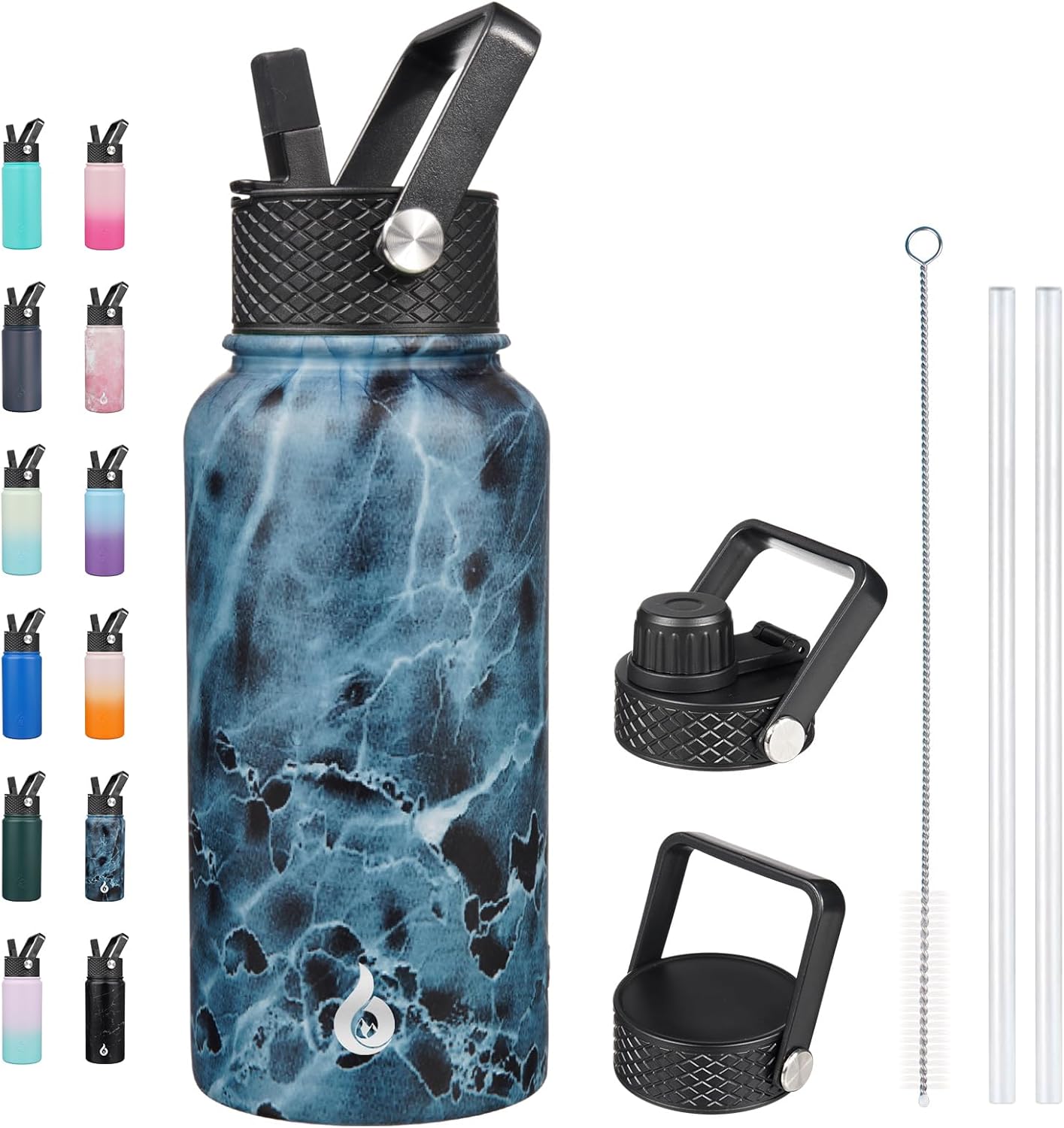 BJPKPK Insulated Water Bottles with Straw Lid, 40oz Stainless Steel Water Bottles with 3 Lids, BPA Free Leakproof Thermo, Tumblers, Cups for Sports, Gym- Midnight - Colors B