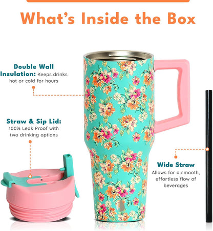 Elemental 32 oz 100% Leak Proof Tumbler with Handle & Straw - Stainless Steel Double Wall Insulated Tumbler for Hot and Cold Beverages - Travel Coffee Mug with Sip & Straw Lid - White - Colors B