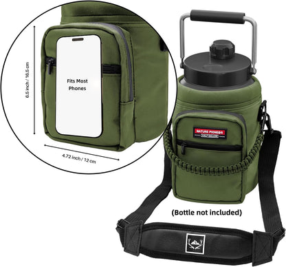 NATURE PIONEOR Water Bottle Holder with Adjustable Strap - Half/One Gallon (64/128oz) Insulated Water Bottle Sling Carrier with Phone Pocket & Paracord Handle, Outdoor Camping, Hiking, Gym