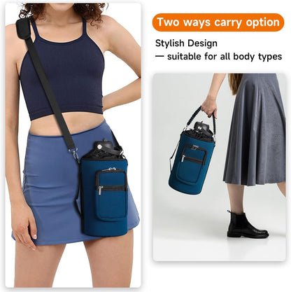 AceTreker 32/40/64/128 oz Neoprene Insulated Water Bottle Carrier Bag, Sling Bag Sleeve Pouch Holder with Strap & Paracord Handle and 2 Pocket for Travelling, Hiking, Camping