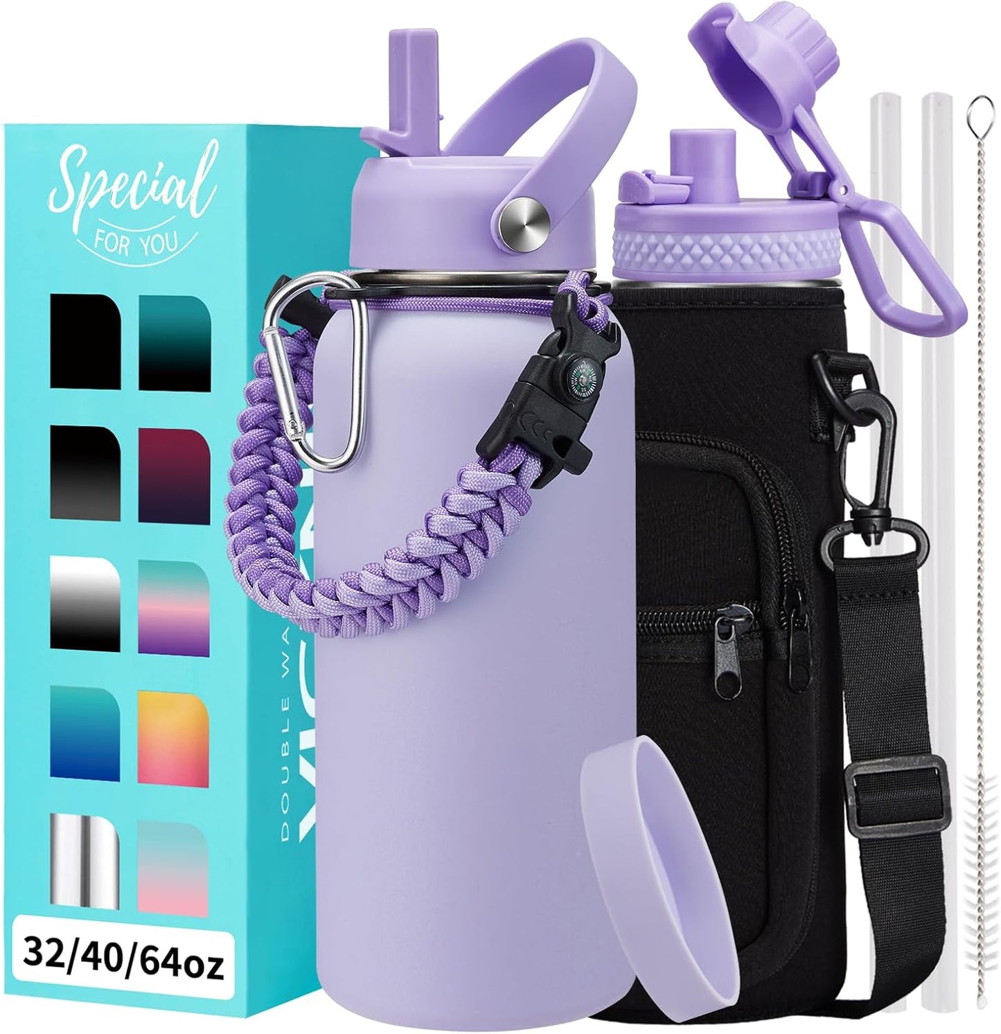 32/40/64OZ Insulated Water Bottle - Keep Cold 48H Hot 24H, Combo Straw/Spout Lids, Paracord Handle for Gym/Hiking, Carrier Bag +Strap, Cup Mat, BPA-Free Stainless Steel Flask Jug
