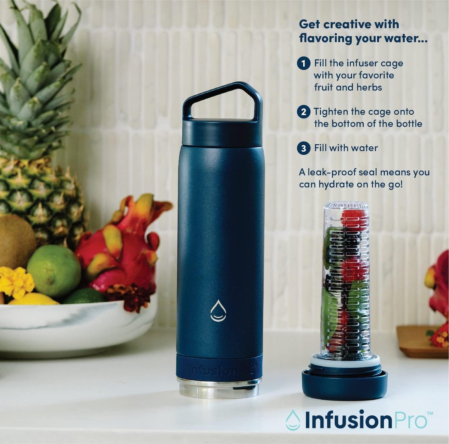 Infusion Pro Fruit Infuser Water Bottle with Straw Lid (32 oz) Stainless Steel Vacuum Insulated : 50 Recipe Fruit Infusion eBook : More Flavor : Easy Cleaning : Great Gift
