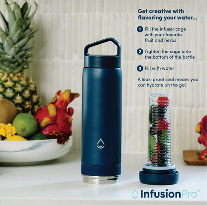 Infusion Pro Fruit Infuser Water Bottle with Straw Lid (32 oz) Stainless Steel Vacuum Insulated : 50 Recipe Fruit Infusion eBook : More Flavor : Easy Cleaning : Great Gift