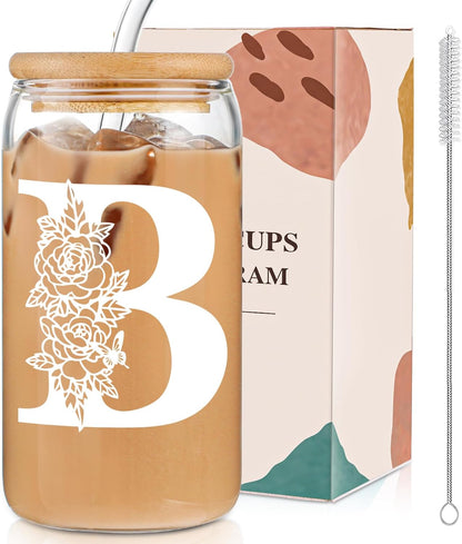 Glass Cups with Lids and Straws: Personalized Initial Glass Cup Be Used As Reusable Iced Coffee Cups with Lids,Cute Matcha Tumbler - The Christmas/Birthday Gifts for Women - M Smoothie Cup