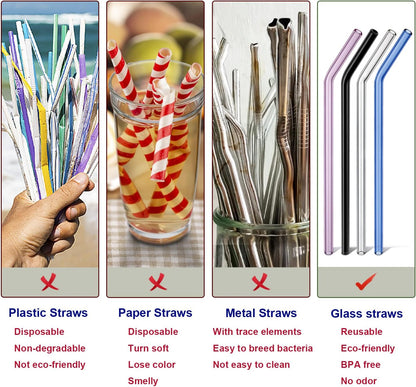Borosilicate Glass Straws for 16 oz Tumbler, 9 inch 8mm BPA Free, Reusable Drinking Straws Clear Bent Skinny for Iced Coffee and Hot Drinks