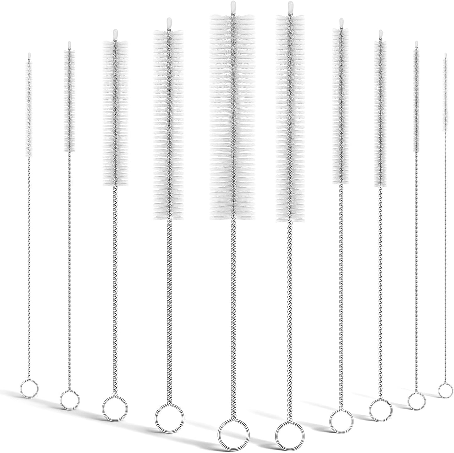 10-Packs Premium Straw Cleaner Brush in Mixed Sizes, 8IN Long Reusable Stainless Steel Cleaning Brushes Set with Soft Sturdy Nylon Bristles for Metal Straws, Sippy Cups, Tumblers & Bottles