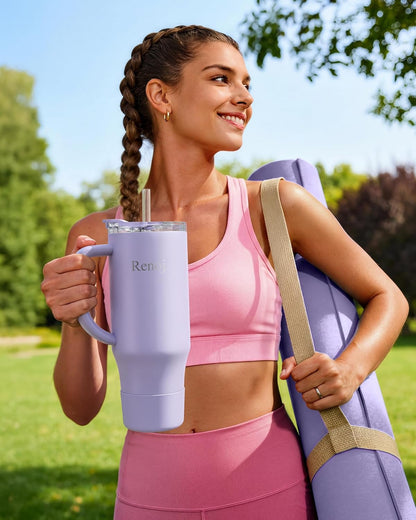 Renoj Insulated Mug 100% Leak Proof Insulated Water Bottle for Iced Coffee & Hot Drinks - Fits Car Cup Holder, Ideal Gift, 2 Straws & Silicone Boot - SnapShift Pink 32 oz