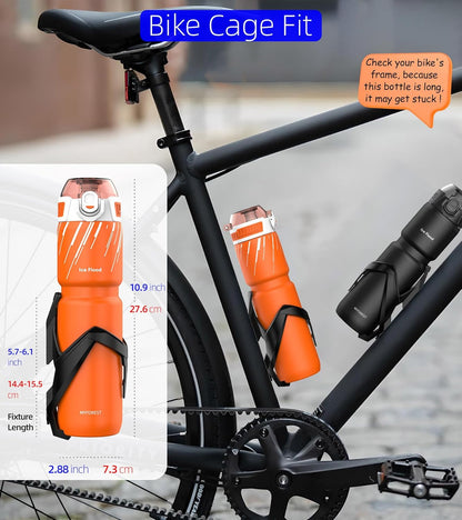 MYFOREST 24oz/700ml Insulated Bike Water Bottle, Odor-Free Surgical Steel Liner, Stronger Grip for Rough Trails, Quick-Open Chug/Straw 2-in-1, Dirt Cap (Glossy Steel)