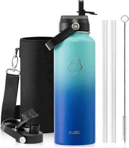 BUZIO 40oz Insulated Water Bottle, Triple Wall Vacuum Stainless Steel Water Flask with 2 lids, Lead-Free BPA-Free Straw Lid Sports Canteen Jug, Cold 48H & Hot 24H- Black - Colors B