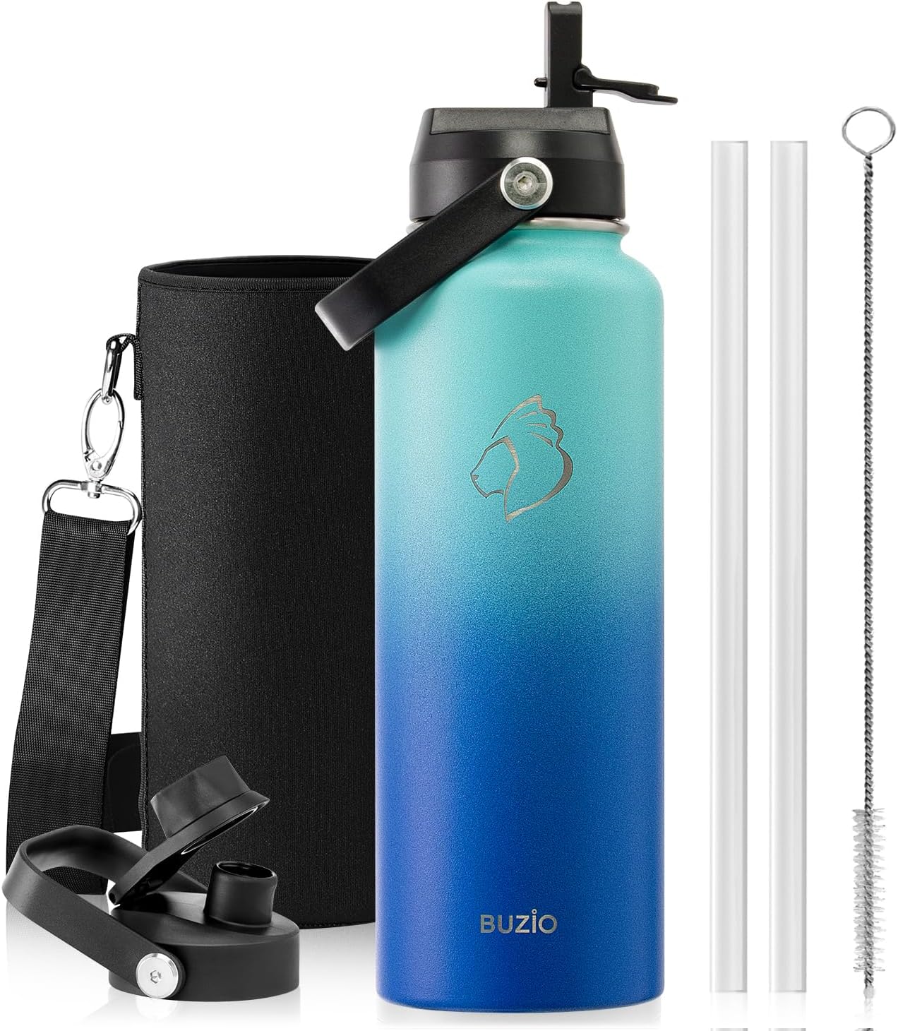 BUZIO 40oz Insulated Water Bottle, Triple Wall Vacuum Stainless Steel Water Flask with 2 lids, Lead-Free BPA-Free Straw Lid Sports Canteen Jug, Cold 48H & Hot 24H- Black - Colors B