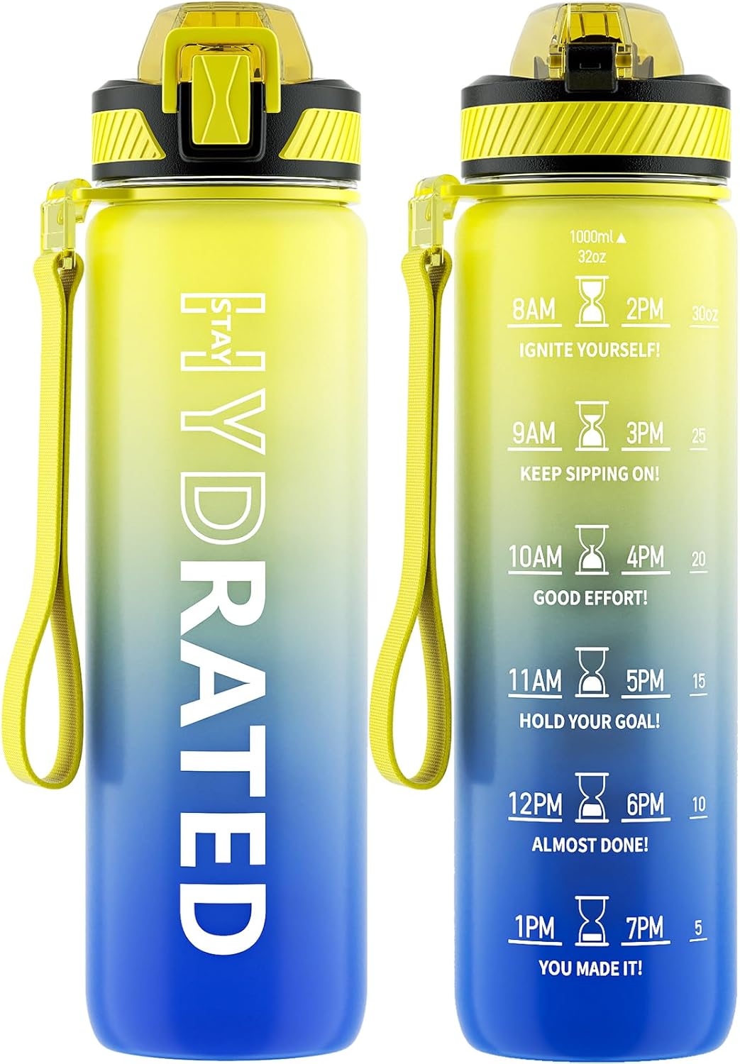 QLUR Water Bottle with Straw, 32oz Motivational Water Bottles with Time Marker to Drink, Tritan BPA Free, 1L Sports Water Bottle with Carry Strap LeakProof for Women Gym Fitness Outdoor (1 Pack)