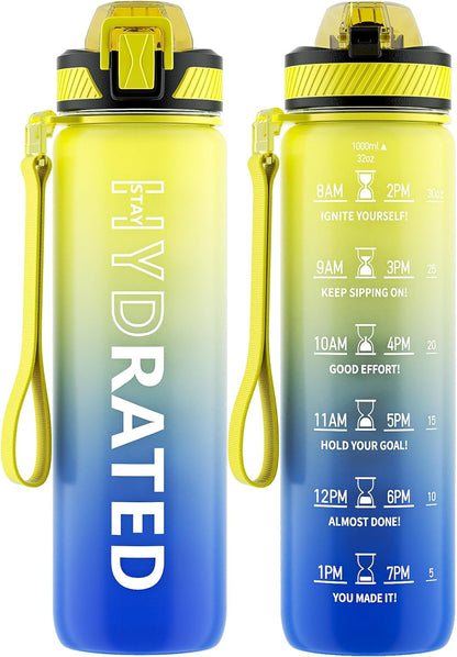 QLUR Water Bottle with Straw, 32oz Motivational Water Bottles with Time Marker to Drink, Tritan BPA Free, 1L Sports Water Bottle with Carry Strap LeakProof for Women Gym Fitness Outdoor (1 Pack)