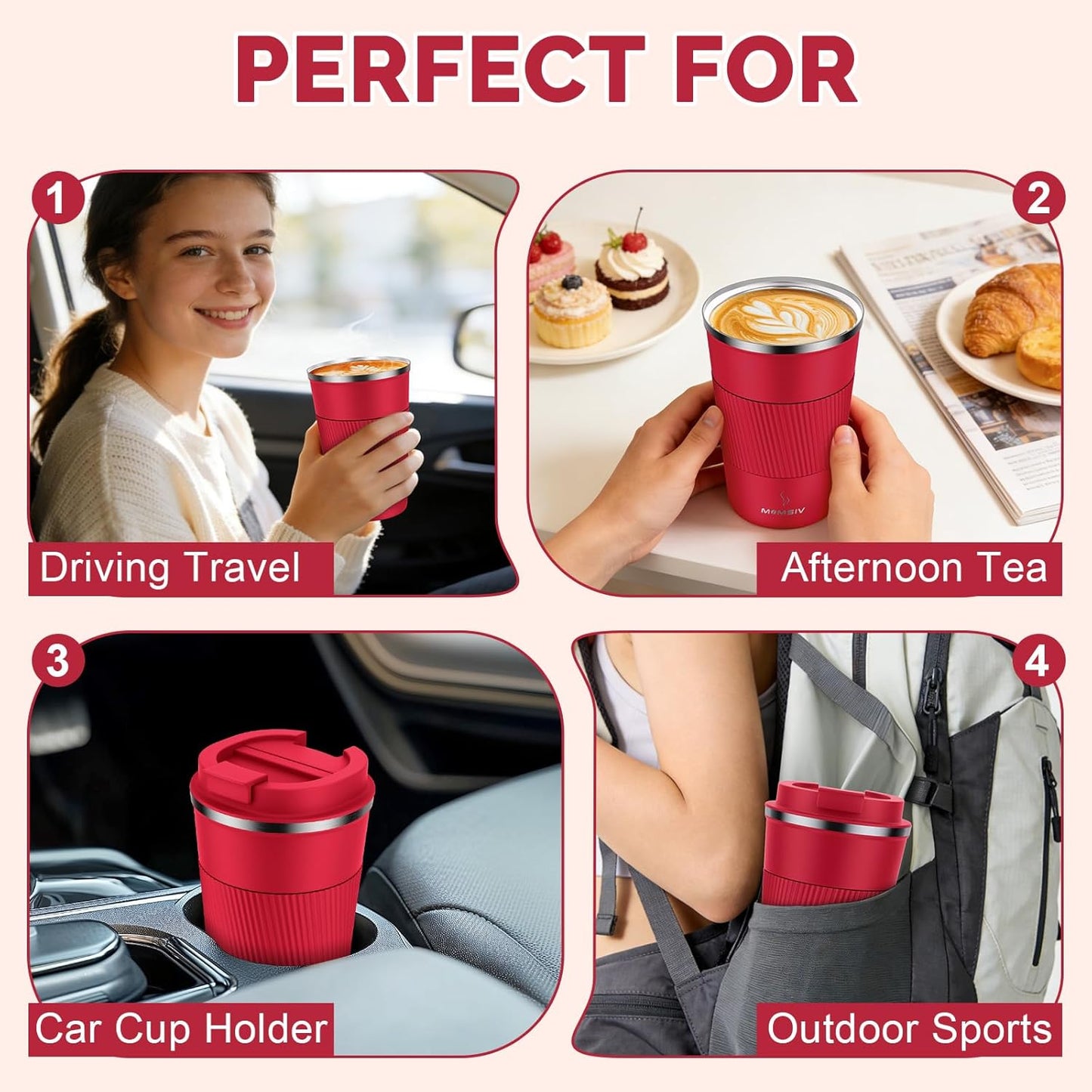MOMSIV 12oz Travel Mug, Insulated Coffee Cup with Leakproof Lid, Travel Coffee Mug Vacuum Stainless Steel Double Walled Reusable Coffee Cup for Hot and Cold Water Coffee