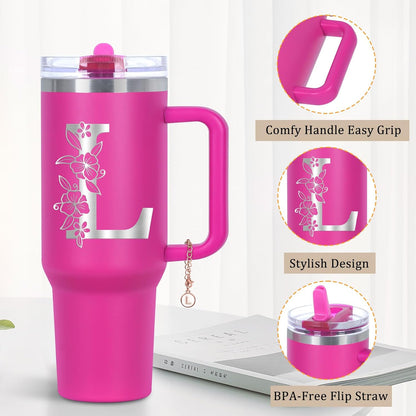 Personalized 40 oz Monogrammed Tumbler with Handle and Flip Straw Lid, 100% Leak Proof stainless steel Insulated Tumbler, Customized Initial Funny Gifts for Women Mom Sisters Coworker, A