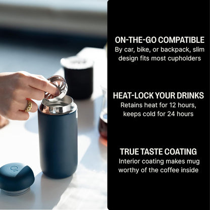 Fellow 16 oz Carter Move Travel Mug - Vacuum-Insulated Stainless Steel Travel Coffee Mug - Coffee Tumbler with Ceramic Interior and Splash Guard - Matte Black