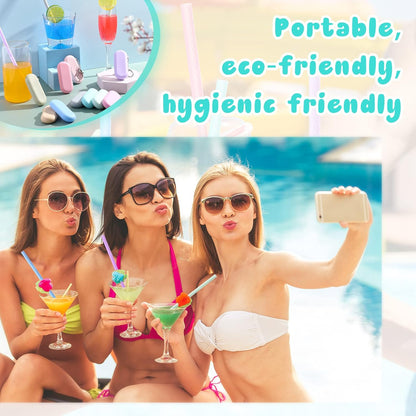 Irenare 20 Sets Silicone Straws with Case Reusable Collapsible Foldable Travel Portable Straw Cold or Hot Drinking with Carry Case, Long Cleaning Brush and Keychain, 10 Colors(Classic)