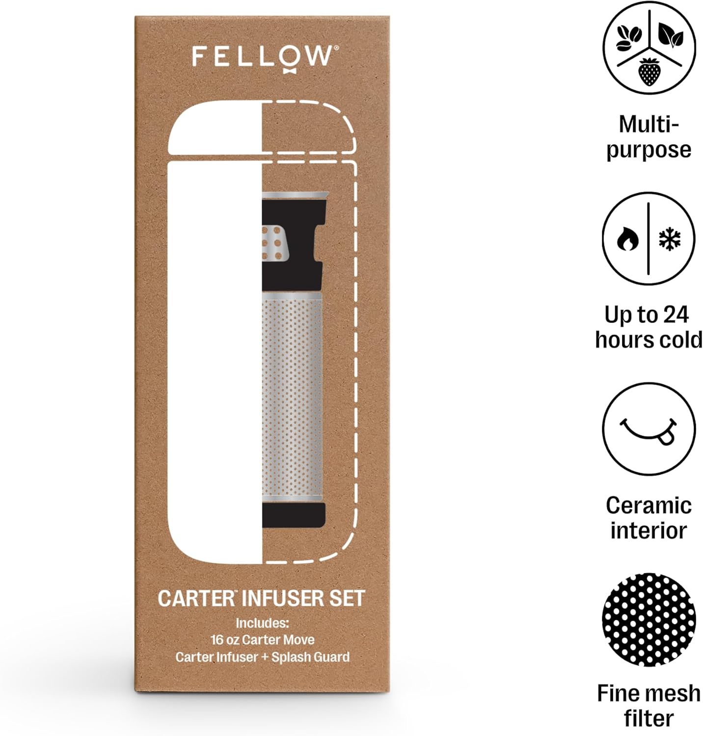 Fellow Carter Tea + Cold Brew Infuser & Carter Move 16 oz Tumbler Set - Steep Tea On-The-Go - Vacuum-Insulated Stainless Steel Travel Mug w/Snap-In Infuser For Steeping, Cold Brew, Stone Blue