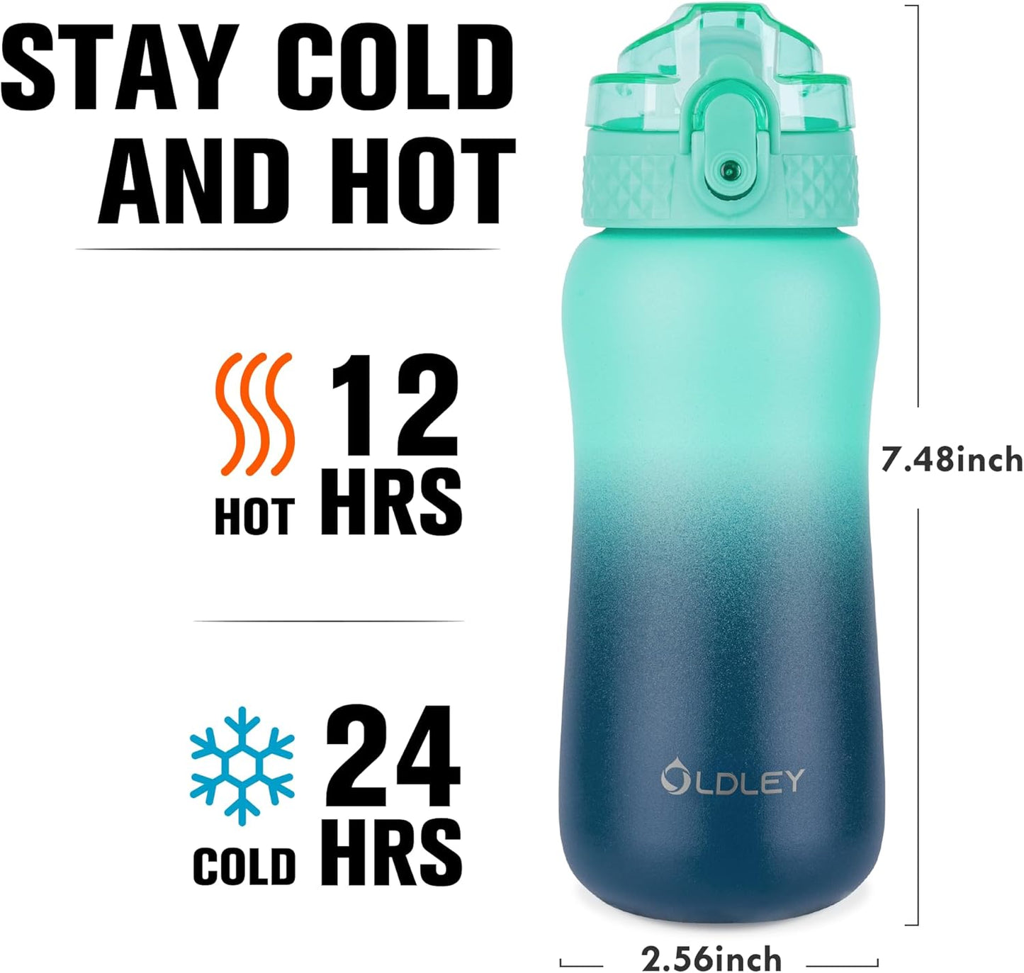 Oldley Insulated Water Bottle 20oz for Adults Kids Stainless Steel Water Bottles with Straw/Chug/Carabiner 3 Lids Fruit Strainer Double Wall Vacuum Wide Mouth BPA Free Leak-Proof for School Travel