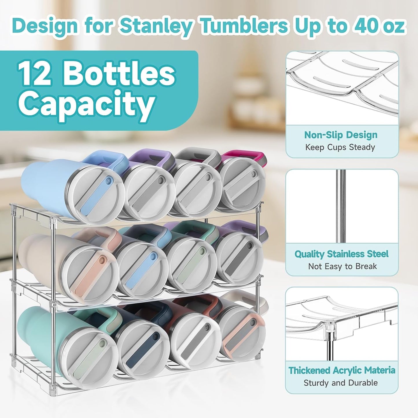 Stackable Water Bottle Organizer, Large Compartment Water Bottle Holder for Stanley 40 oz Tumbler, Kitchen Storage Organizer for Stanley Cup Accessories, Tumbler Organizer Wine Rack - Hold 16 Bottles