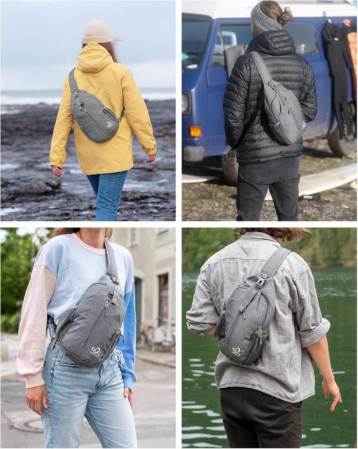 WATERFLY Crossbody Sling Backpack Sling Bag Travel Hiking Chest Bag Daypack (Black)