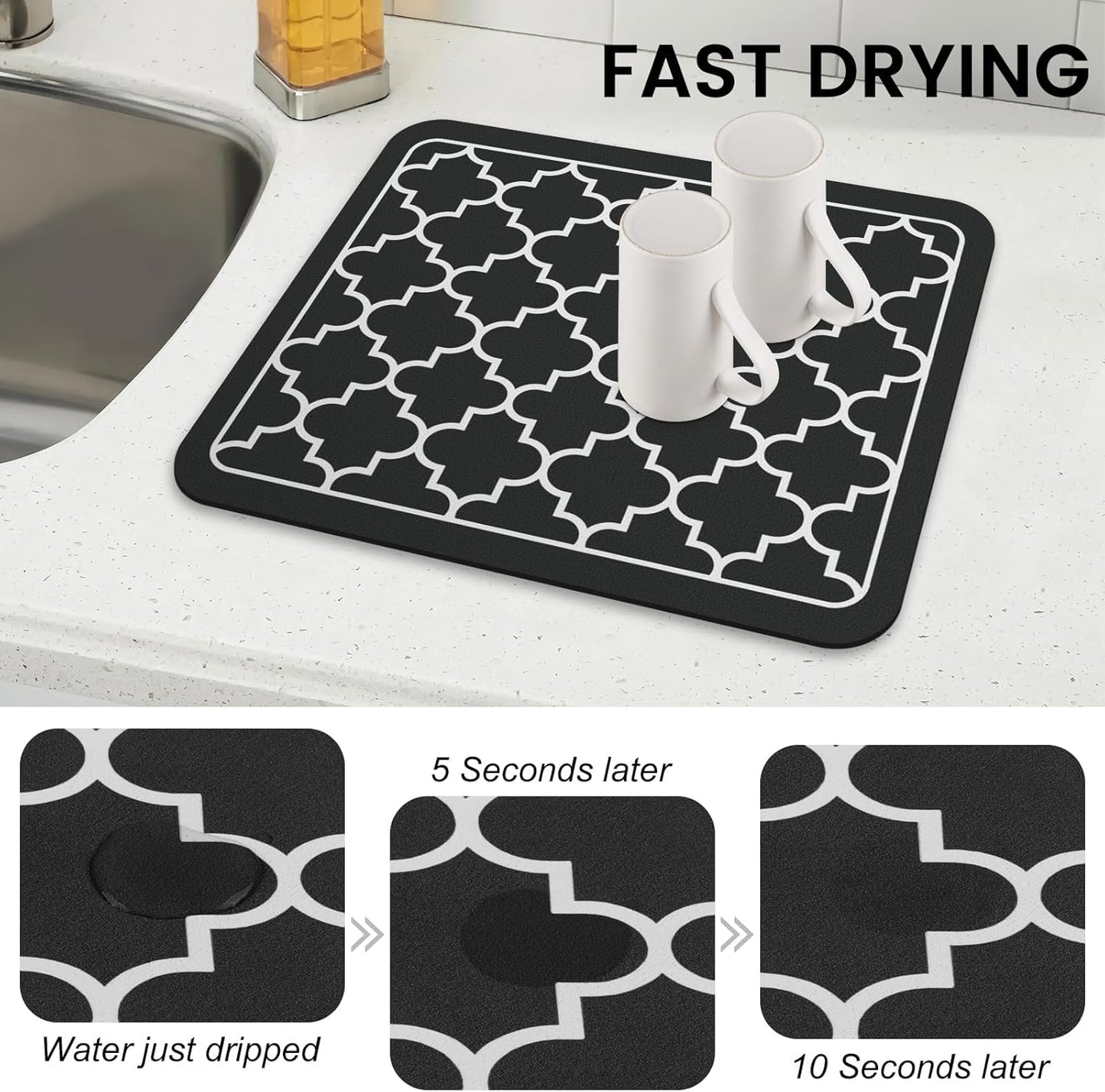 WISELIFE Dish Drying Mat Super Absorbent Drying Mat Large Dish Drying Mats for Kitchen Counter Easy Clean Dish Mat Kitchen Drying Mat15"x 18" Stylish Grey