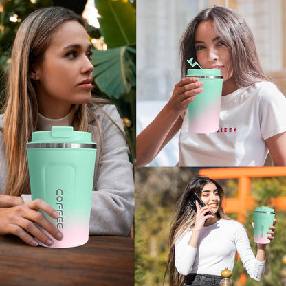 SPLMIFA Travel Coffee Mug Leak-Proof, Reusable Coffee Cups with Lids, Stainless Steel Vacuum Insulated Coffee Tumblers, Thermal Insulation Cup for Men and Women Hot & Cold Drinks(2nd-Green Pink, 12OZ)