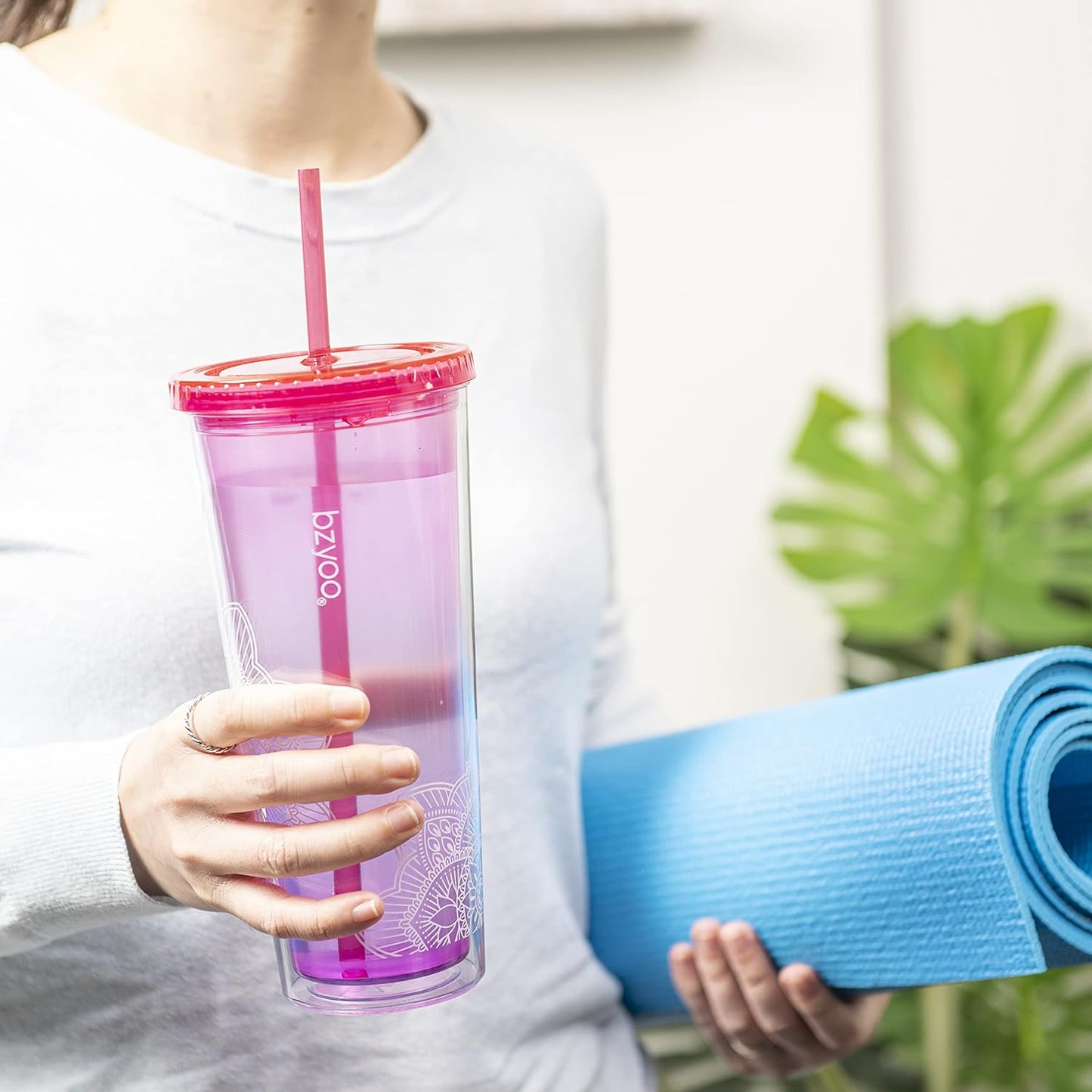 bzyoo SIP 24oz (710ml) Double Wall Plastic Tumbler with Lid and Straw Cold Drink Travel Mug Reusable Party Cup Perfect for Office Ice Coffee or Tea and Gift Color: Pink & Purple