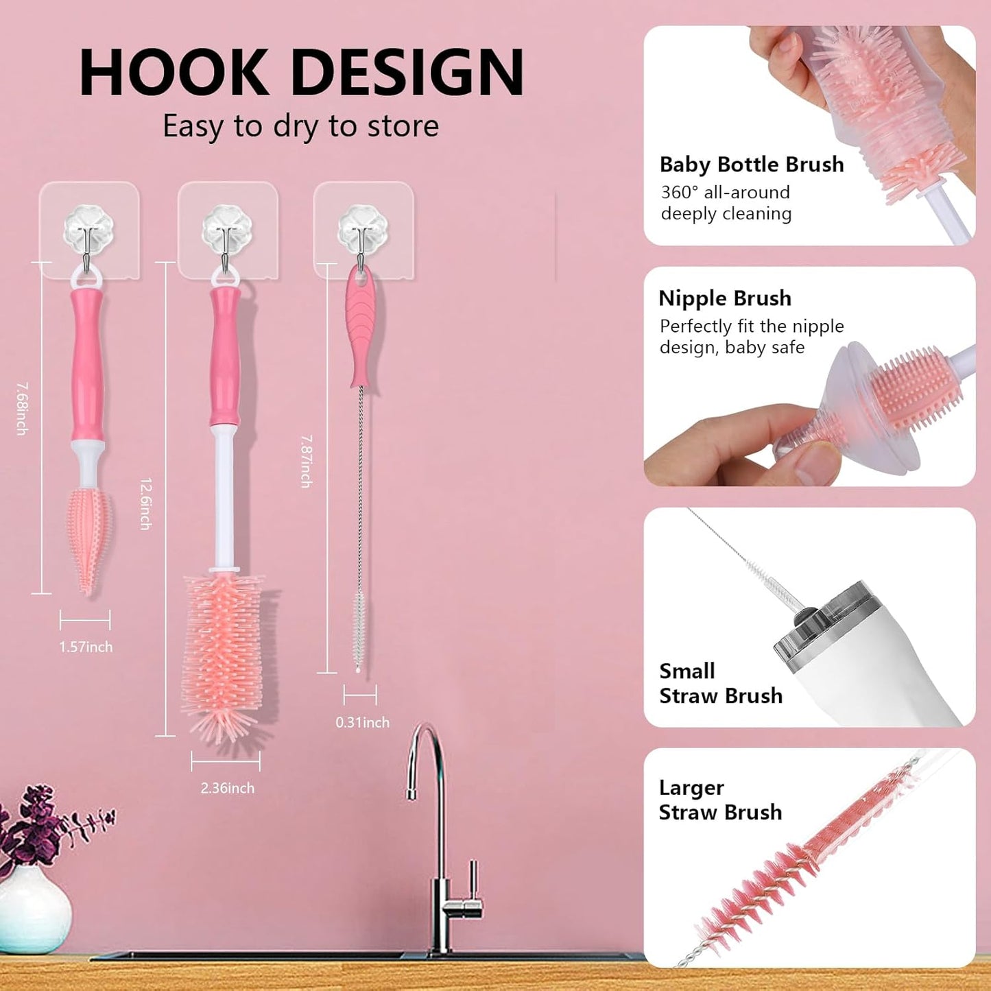Silicone Bottle Cleaning Brush,Baby Travel Essential Bottle Brush Set, 3 in 1 Silicone Brush, Nipple Brush, Straw Brush