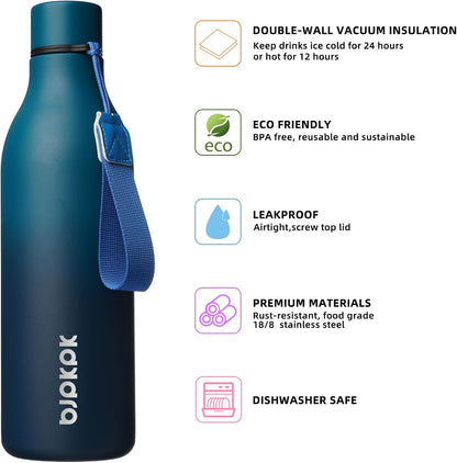 BJPKPK Insulated Water Bottles, 18 oz Stainless Steel Metal Water Bottle with Strap, BPA Free Leak Proof Jugs, Mugs, Flasks, Reusable Thermal Flasks for Sports & Travel, Black - Colors B