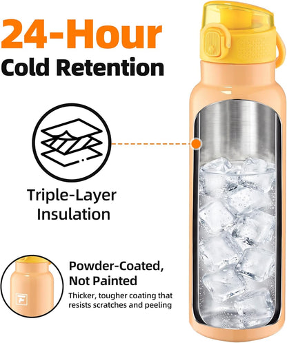 Fanhaw 24 oz Insulated Water Bottle with Soft Silicone Spout Lid, Leakproof Stainless Steel Vacuum Bottle for School, Sports& Daily Use, Kids, Teens& Adults, Back to School Essentials (Pink)