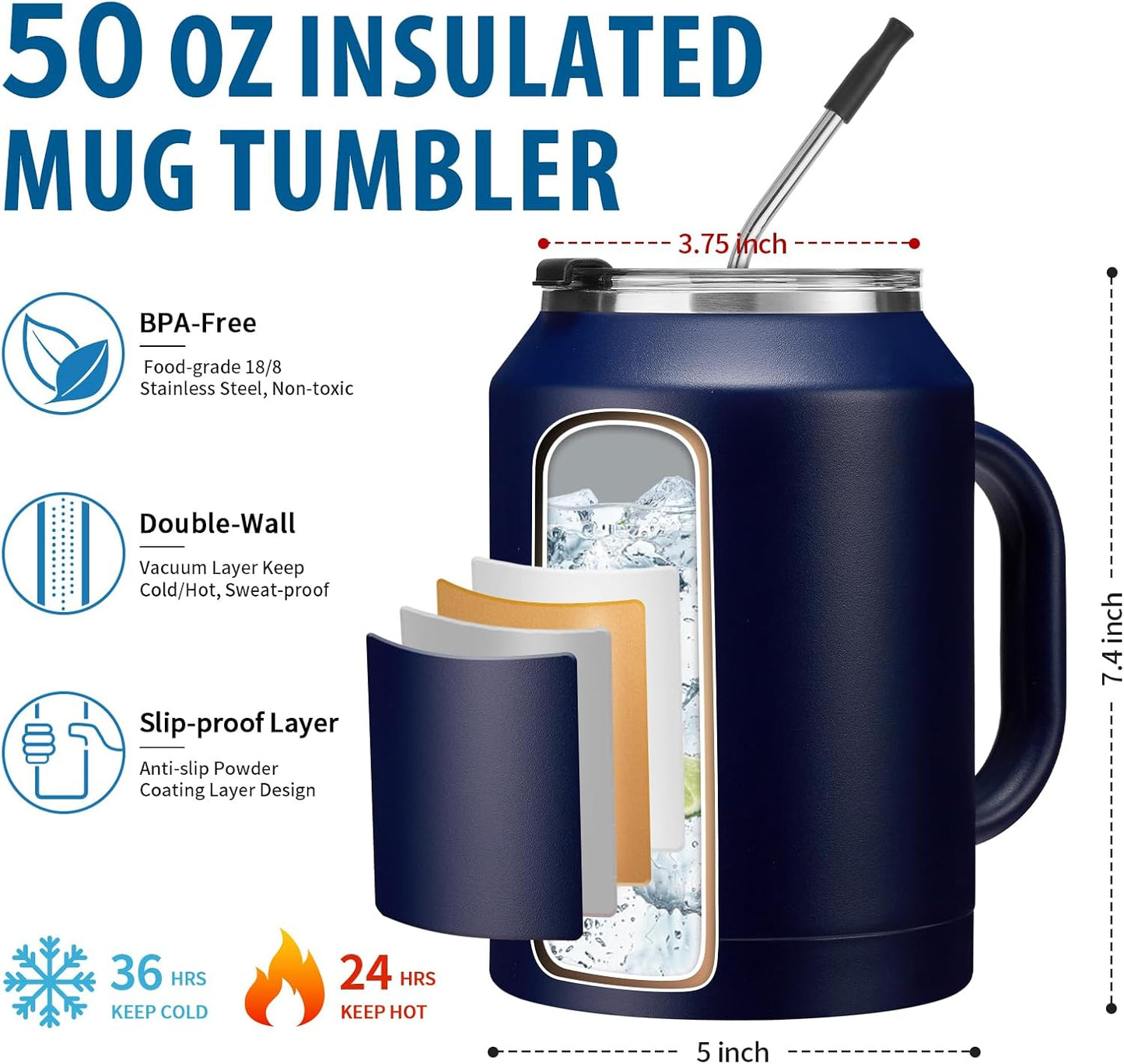 50 oz Insulated Tumbler with Handle and Straw - Stainless Steel Double Wall Coffee Mug, 2-in-1 Lid Metal Water Bottle, 36H Cold 24H Hot Travel Hydro Cup Jug with Silicone Boot