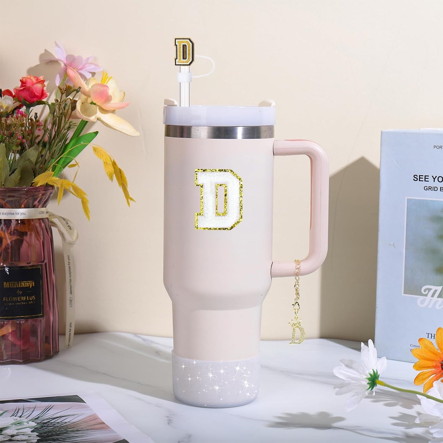 Mity Rain 6pc Cup Accessories Set for Stanley 30 oz & 40 oz Tumbler with Handle, Including Straw Cover Cap, Cup Initials Charm, Silicone Boot, Round & Square Spill Proof Stopper