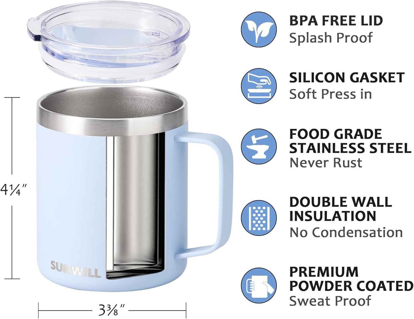 SUNWILL Travel Coffee Mug with Lid, Insulated Tumbler with Handle, 14 oz Stainless Steel Cup for Ice, Water, Tea, Rose Gold