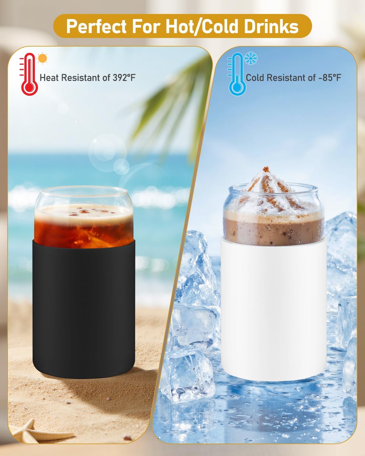 sungwoo 4PCS Glass Cups with Bamboo Lids and Straws, 16OZ Ice Coffee Cup, Drinking Cup set with Wooden Lids, Home Essential Glass Tumblers for Beer, Cocktail, Tea and Latte Clear