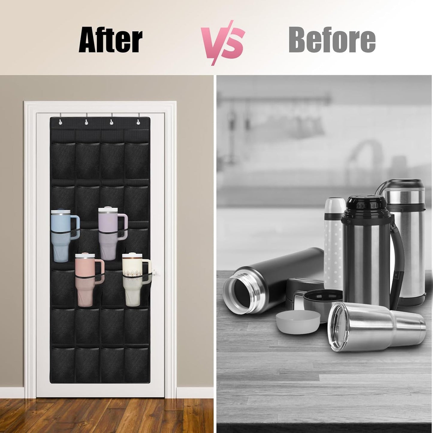 Stanley Cup Organizer - 24 Pocket Large Capacity Holder, Portable Foldable Hanging Bag for Cabinet, Wall, Door, RV - Kitchen Storage Accessories