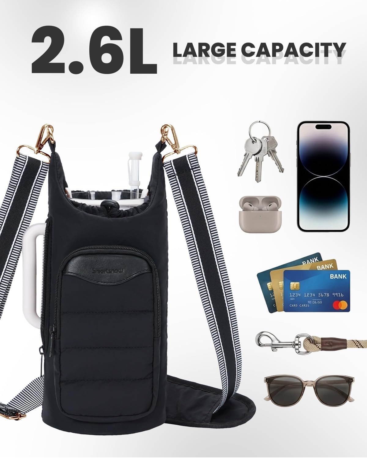 sportsnew Water Bottle Holder, Crossbody Insulated Cup Sleeve for 30oz/40oz Tumbler with Handle, Puffy Carrier Bag with Phone & RFID-Blocking Card Pocket & Drawstring Closure for Quick Access