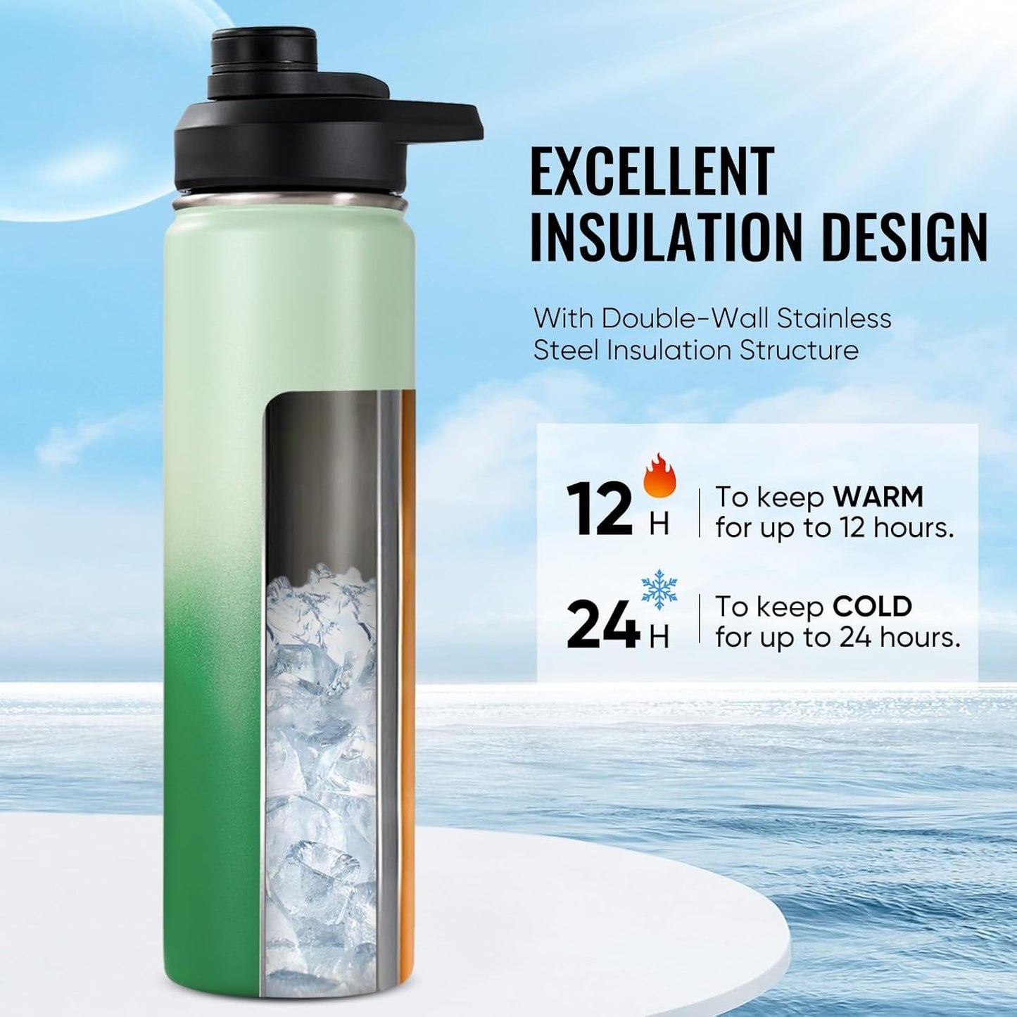 Fijinhom 24 oz Insulated Water Bottle with Handle, 304 Stainless Steel Water Bottles with Wide Mouth, Double Wall Vacuum Sports Water Bottle, BPA Free, Keep Cold and Hot, Black | with Handle