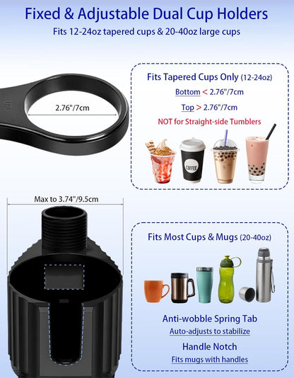Car Cup Holder Tray - 5 in 1 Adjustable Car Cup Holder Expander with Food Tray Table and Phone Mount for All Purpose, Automotive Essentials for Driver and Front Passenger