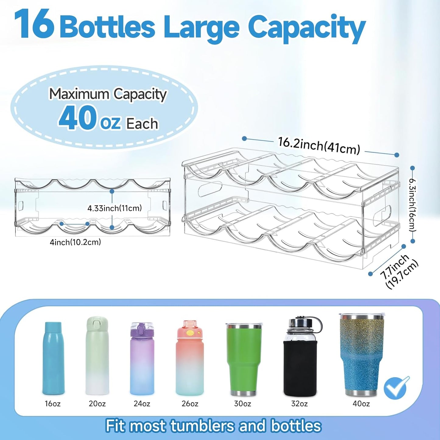 Large Compartment Water Bottle Organizer,4 Tier Stackable Water Bottle Rack for Cabinet,Tumbler Storage Organizer for Kitchen,Fridge,Cabinet Organization and Storage,Clear Water Bottle Storage Rack