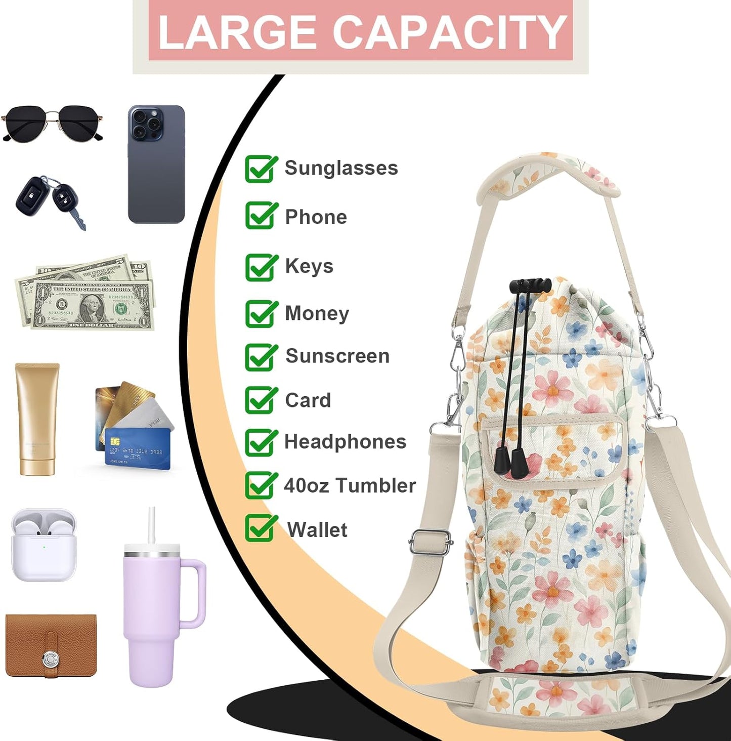 Water Bottle Carrier Bag with Phone Pocket for Stanley Cup 30/32/40 oz Tumbler with Adjustable Strap,Insulated Water Bottle Holder Pouch Crossbody Sling for Walking Travel