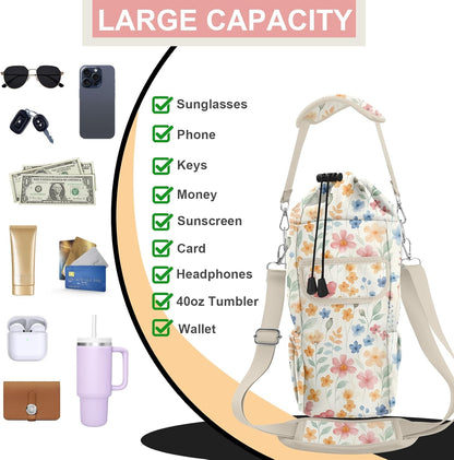 Water Bottle Carrier Bag with Phone Pocket for Stanley Cup 30/32/40 oz Tumbler with Adjustable Strap,Insulated Water Bottle Holder Pouch Crossbody Sling for Walking Travel