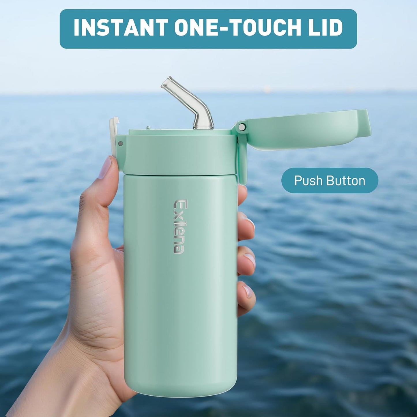 Exllena 10oz Small Insulated Water Bottle with One-Touch Soft Straw Lid, Double-Wall Vacuum Small Travel Water Bottle for Cold&Hot Drinks–Leak-Proof, Mini Flask for Handbag, Yoga, Sport(Mint)