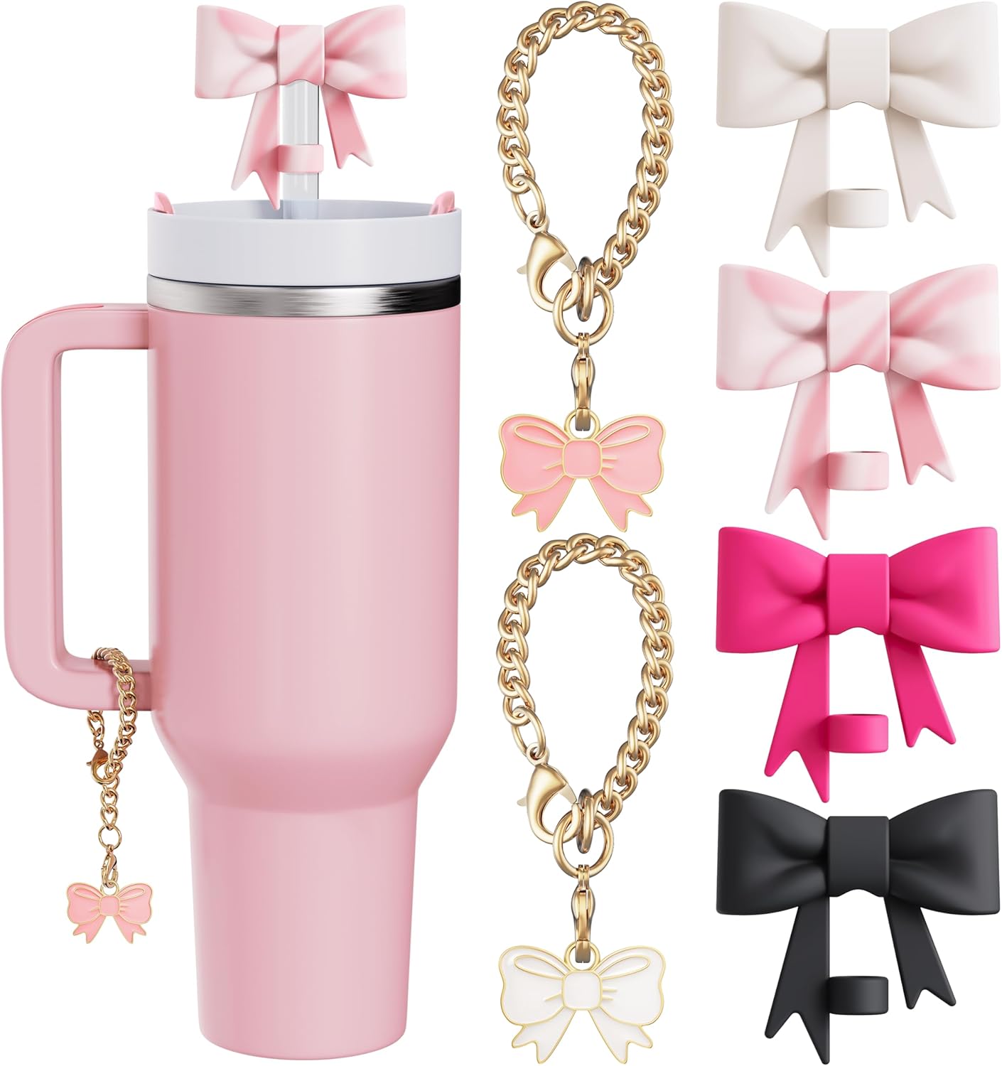 Compatible with Stanley Cup Accessories - 3Pcs 10mm Bow Straw Topper Compatible with Stanley Cup Straw Cover Cap, 2pcs Pink Bow Charms for Stanley 30&40 Oz Tumbler with Handle