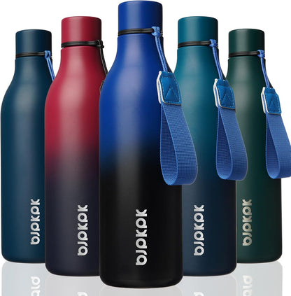 BJPKPK Insulated Water Bottles, 18 oz Stainless Steel Metal Water Bottle with Strap, BPA Free Leak Proof Jugs, Mugs, Flasks, Reusable Thermal Flasks for Sports & Travel, Black - Colors A